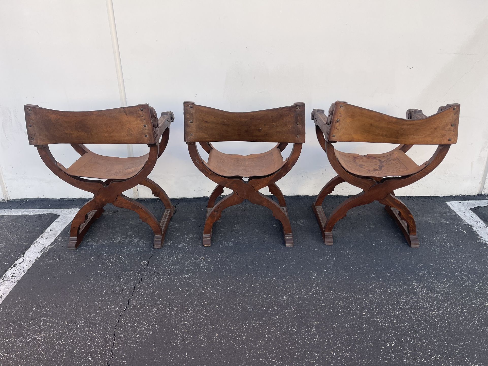 Set of 3 Antique Italian Renaissance Revival Carved Ornate Figural Chairs w/Leather Seats & Backrests