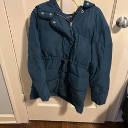 Abercrombie & Fitch Blue Puffer Parka Missing Fur On Hood Size Medium (small stain on back)