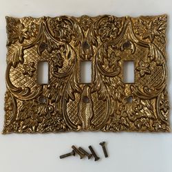 Vintage Ornate Triple Toggle Switch Wall Plate Gold Cast Metal Victorian Floral