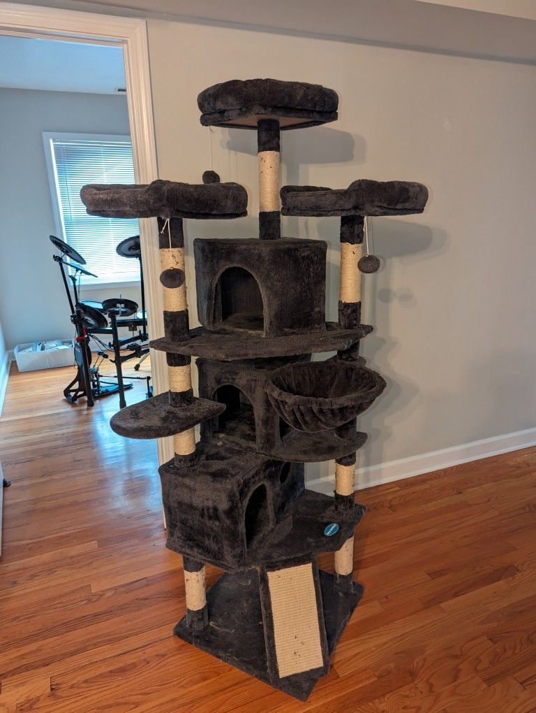 Hey-brother XL Size Cat Tree, 73.4 inch Cat Tower with 3 Caves, 3 Cozy Perches, Scratching Posts, Board, Activity Center Stable for Kitten/Big Cat, Gr