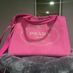 Auth Prada Pink Canvas Canapa Logo Women's Classic Fashion Tote Handbag