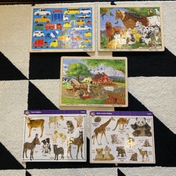 5 MELISSA & DOUG 24 pc. Wooden Jigsaw & Board Puzzles Animals & Vehicles 1 FREE