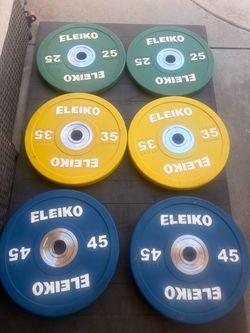 Eleiko bumper plates set in food condition pairs of 45-35-25 pounds only all in good condition pick up in sun valley cash only