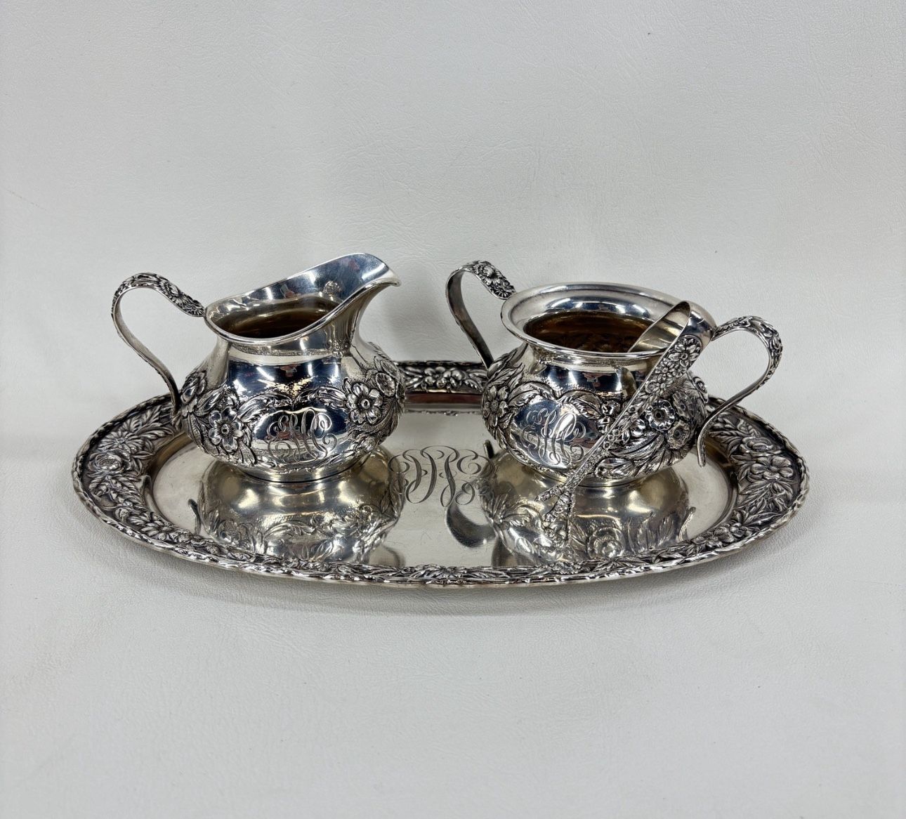 S Kirk & Sons Sterling Silver Repousse Cream & Sugar Set With Tray And Tongs 468 Grams