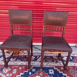 Antique Leather And Wood Chairs 