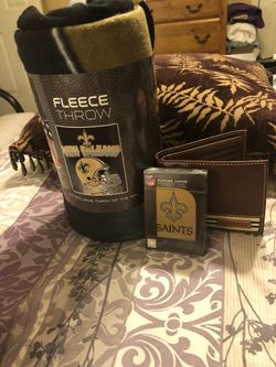 New Orleans Saints fleece blanket playing cards and leather wallet