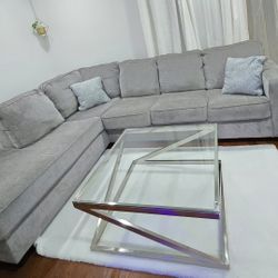 Sectional with chaise and glass coffee table