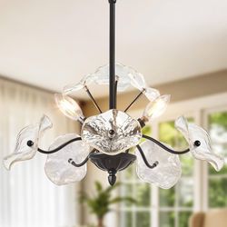 1 Pack Mid Century 3-Light Flower Glass Black Chandelier, Vintage Ceiling Pendant Light Fixture