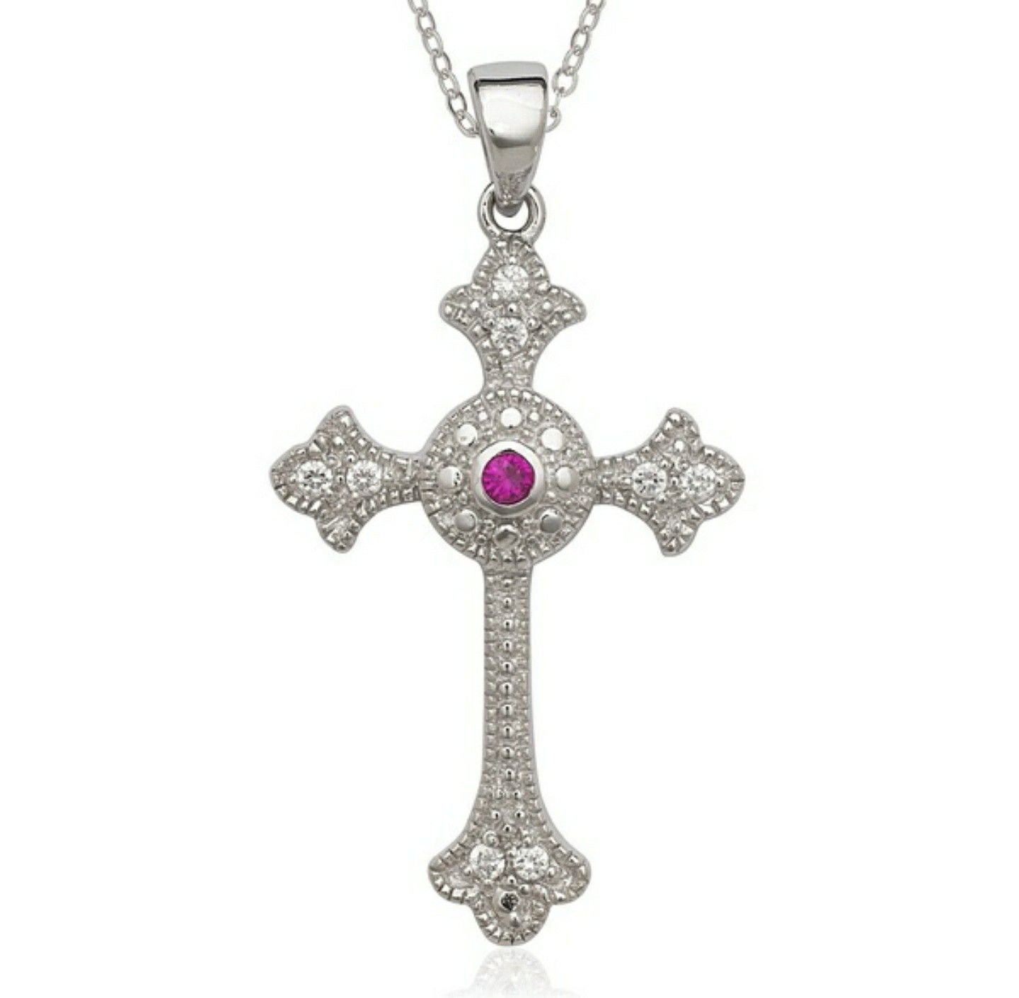 (Shipped Only) Sterling Silver Ruby CZ Cross Necklace