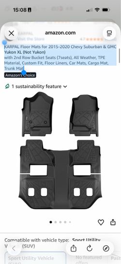 KARPAL Floor Mats for 2015-2020 Chevy Suburban & GMC Yukon XL (Not Yukon) with 2nd Row Bucket Seats (7seats), All Weather, TPE Material, Custom Fit, F