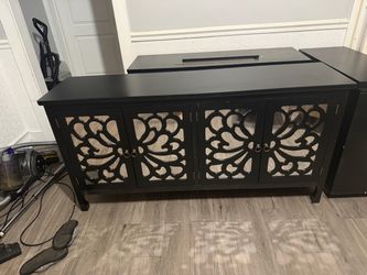Black Mirrored Sideboard Cabinet with Lattice Doors
