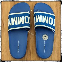New Tommy Hilfiger Slides Slip On Sandals Blue White Women's Size 7 