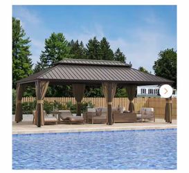 14 ft. x 24 ft. Double Galvanized Steel Roof Aluminum Frame Outdoor Patio Hardtop Gazebo with Netting and Curtain