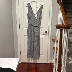 Black White Striped Jumpsuit, Size Xl, Perfect For Summer