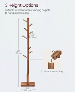 VASAGLE Solid Wood Coat Rack Free Standing w/ 8 Hooks & 3 Height Options - Walnut