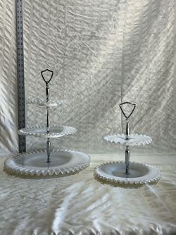 Fenton Silvercrest Milk Glass Tiered Serving Stands Set of 2