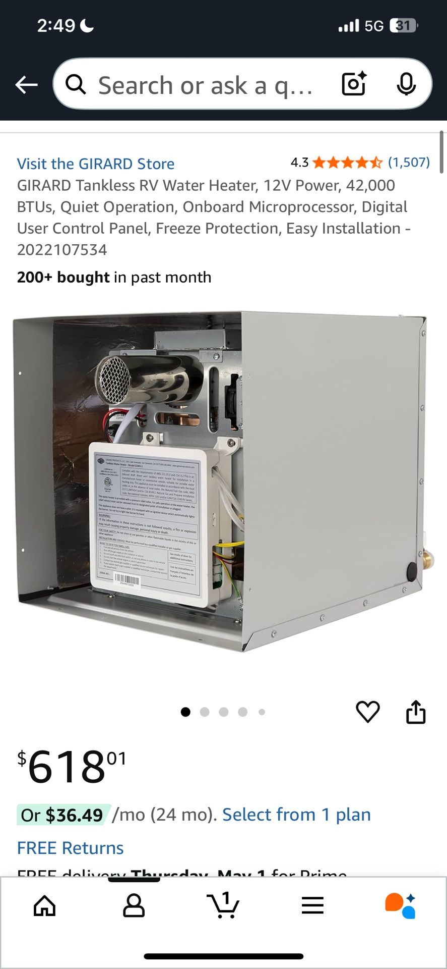 Girard RV Tankless Water Heater 12V Power, 42,000 BTUs
