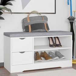 White Shoe Storage Bench with Cushion Wooden Shoe Rack Bench 2 Shelves Shoe Storage Cabinet with 2 Drawers Shoe Cabinet Hallway Furniture Entryway