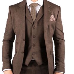 Mens Herringbone Tweed 2 Piece Suit Brown Jacket And Vest Size Us 38 R New 