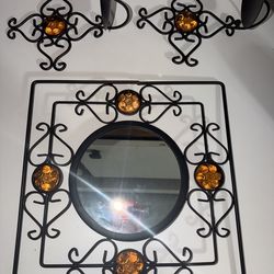 Set decorativo de pared con espejo + portavelas estilo rústico (hierro forjado
