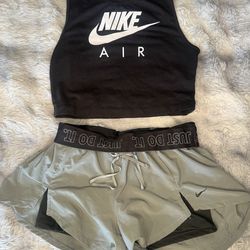 Nike 2 piece  gym set black cropped sports top with double lined track shorts gray