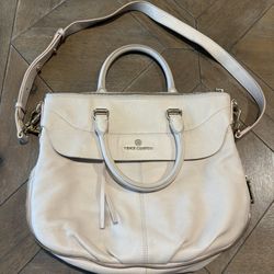 Vince Camuto Dean Beige Leather 2 Handle Satchel-Crossbody Zip Around Expandable
