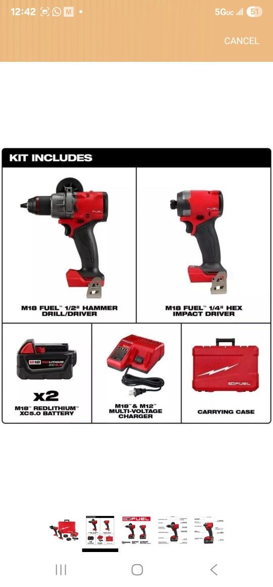 M18 for FUEL 18V 2-Tool Combo Kit Hammer Drill & Impact Driver for Milwaukee Tool
