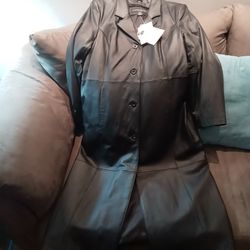 New Women's Centigrade Long Black Leather Trench Coat Zip Out Liner