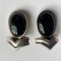 Vtg.Mexico Sterling Silver Designer MONTE" ONYX Clipon Earrings 