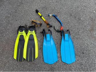 Two Sets of Scuba Diving Dive Fins, 2 Snorkels and 1 Mask