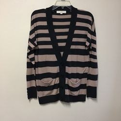 Women’s LOFT Ann Taylor Cotton/rayon/wool dark gray and beige striped cardigan sweater… Size petite large