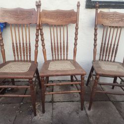 3 Vintage Oak Pressback Chairs With Cane Seats 