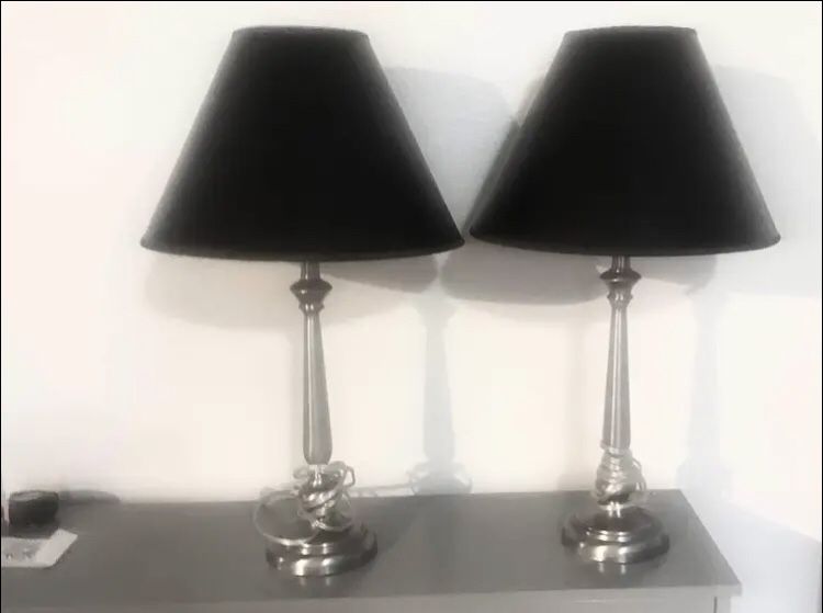 (2) Stainless Steel, Pewter ACCENT TABLE LAMPS w/ Black Shade, Height 26-Inches