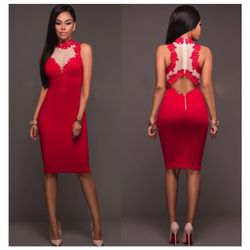 🚨Red Crochet & Mesh Open Back Dress