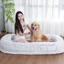 Extra Large Human Dog Bed For People Adults, 73x47x12 Inch Human Sized Dog Bed | With Blanket Attached Pillow, Washable Giant Dog Bed For Humans Adult