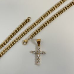 Beautiful Gold Cross CZ Charm with a 14K Gold Plated Cuban Link Necklace 5mm Chain Set