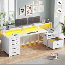 SEDETA White Computer Desk with 5 Drawer & Power Outlet & Monitor Shelf, Home Office Desk with File