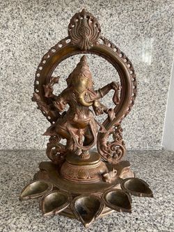 Large 14" Cast Metal Ganesha Statue with Oil Lamps – Heavy