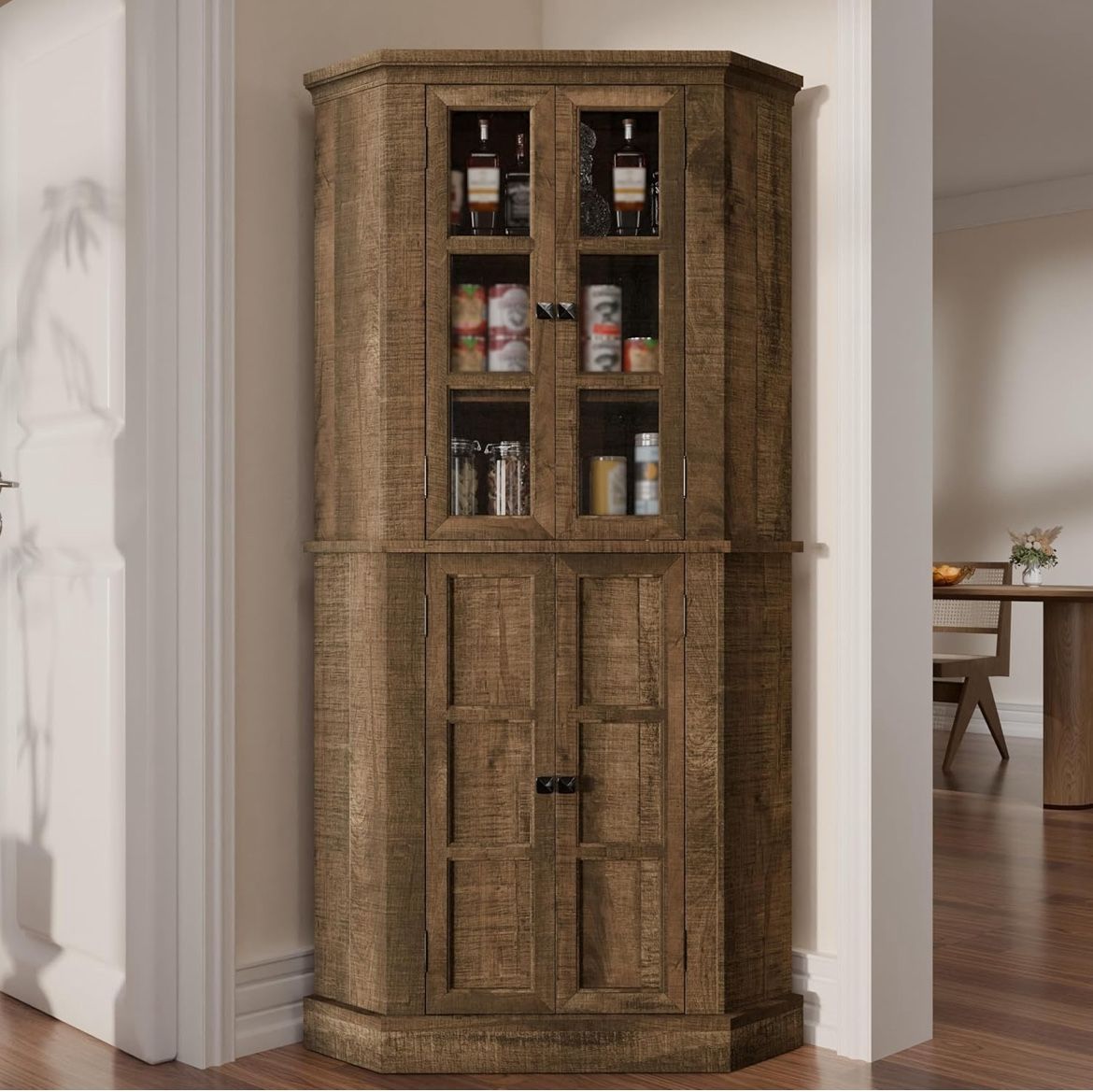 Corner Storage Cabinet, 67" Kitchen Corner Cabinet with Glass Doors, Farmhouse Tall Corner Display Cabinet with Adjustable Shelves for Dining Room, Li