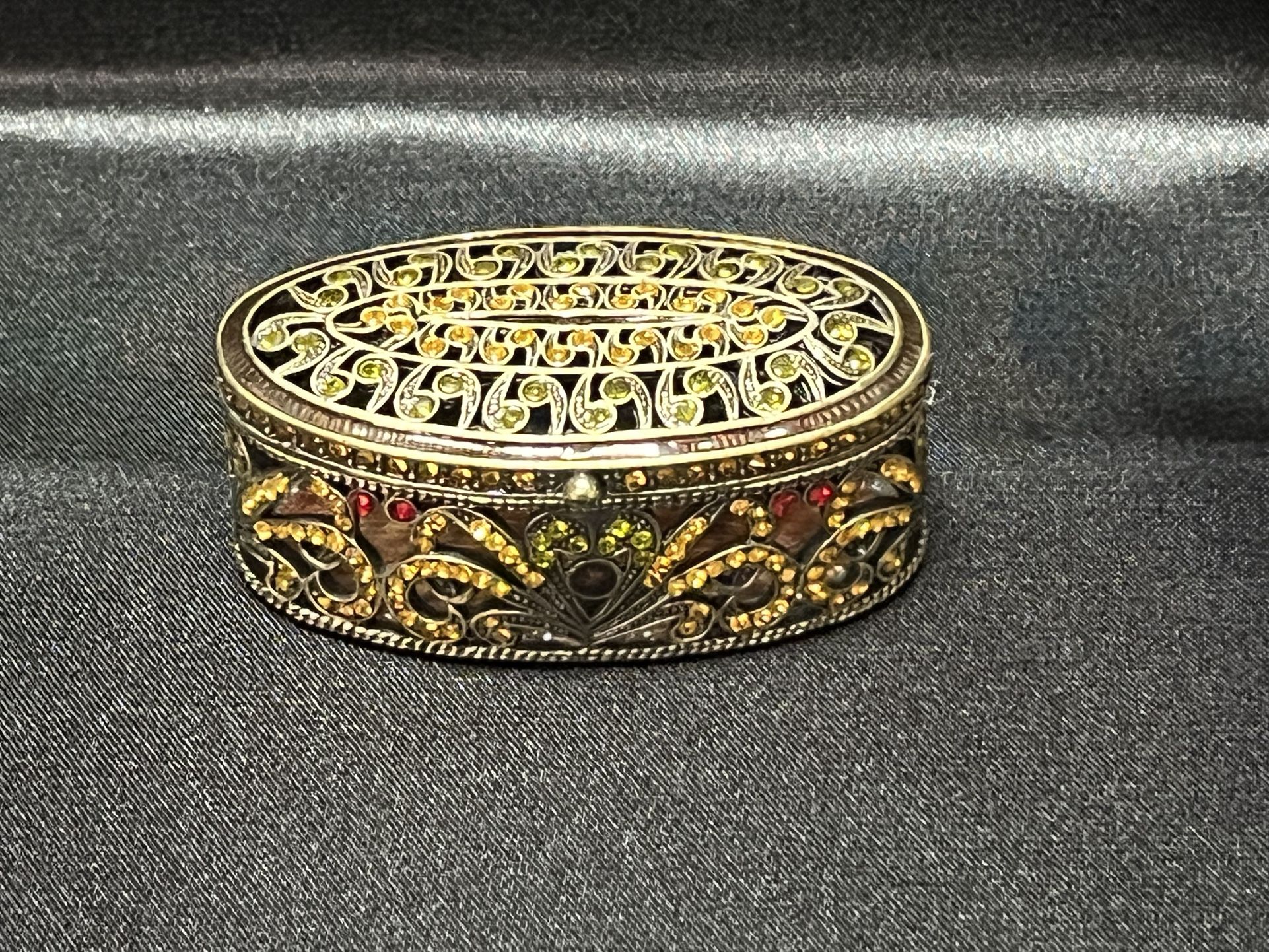 Vintage Oval Swarovski Crystal Brass Enamel Trinket Box