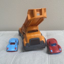 Green Toys: Racing Truck - 3pc Vehicle Toy Set, Orange Hauler Truck w/ Detachable Open-Bed Trailer, 2 Red & Blue Race Cars, Recycled Material, Kids 3+