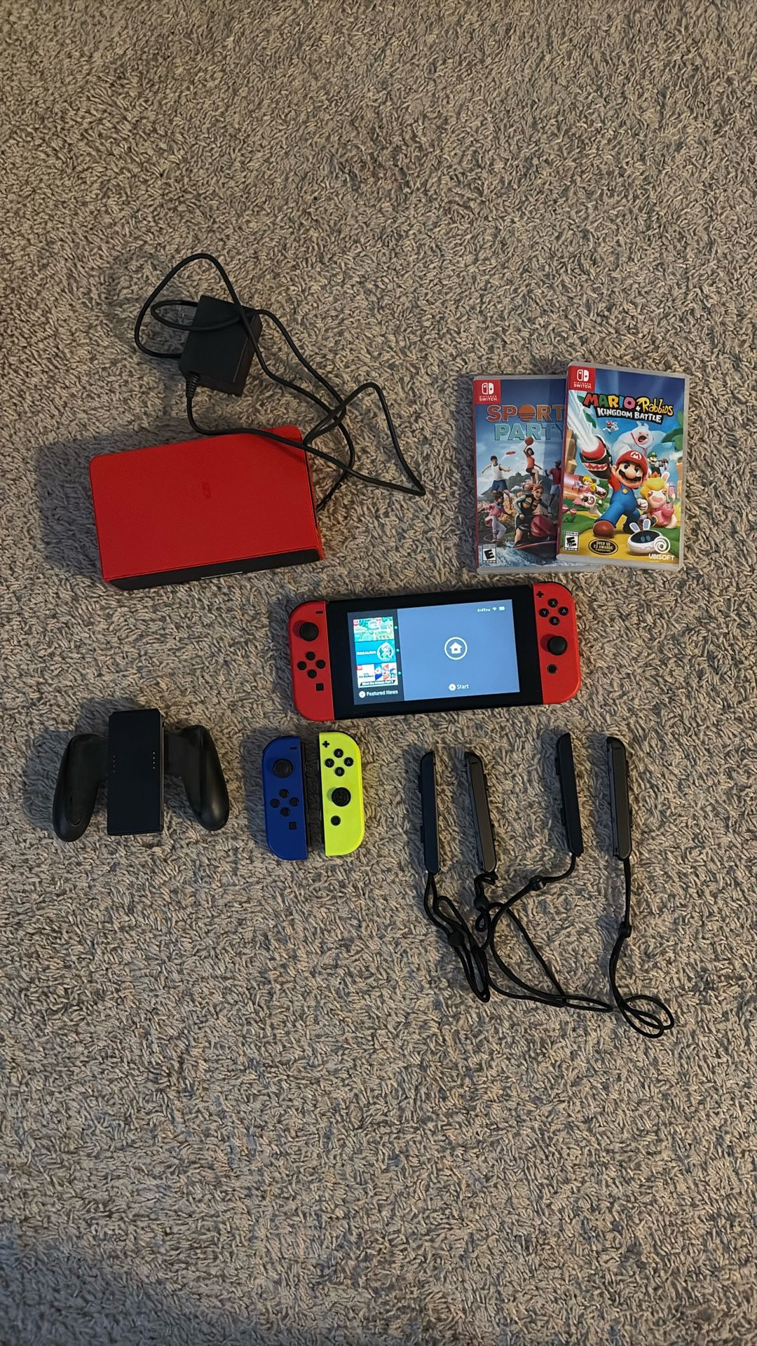 Nintendo Switch Set + Additional Items. (Mario+Rabbids Kingdom Battle and Sports Party Games)