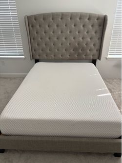 Queen Upholstered Wingback Bed Frame + Mattress
