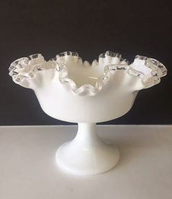Fenton Silver Crest White Milk Glass Ruffle Flared Pedestal Dish 7” tall by 8” wide
