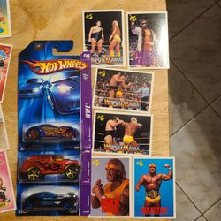 Wrestling collectible cards & Hot wheels WWE cars. Hulk Hogan,  Andre the giant