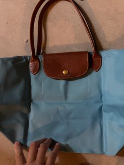 Longchamp Blue & Brown Medium Folding Tote Snap Closure Gold Hardware Pouch