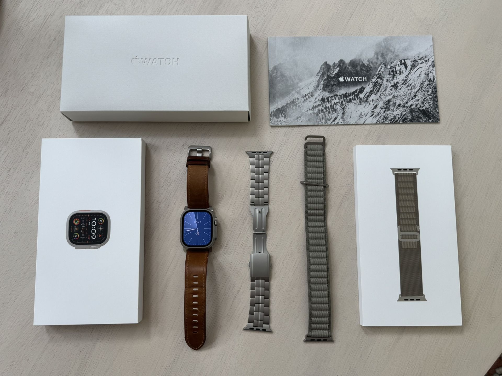 Apple Watch Ultra 2 (49mm) w/ Alpine Loop, Titanium Link Band, Leather Strap + Box