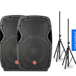 Harbinger V1012 Powered Speakers and Stands