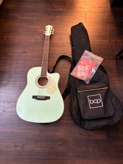 Beginner acoustic guitar full size all wooden guitar with case, strap, extra strings. -socal green