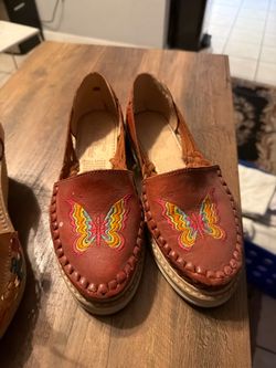 Leather Huarache Flats with Butterfly Embroidery